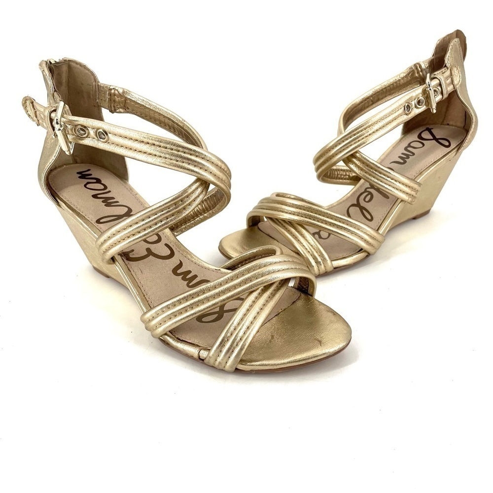 Sam Edelman Gold Sloan Leather Strappy Heel Wedge Sandal